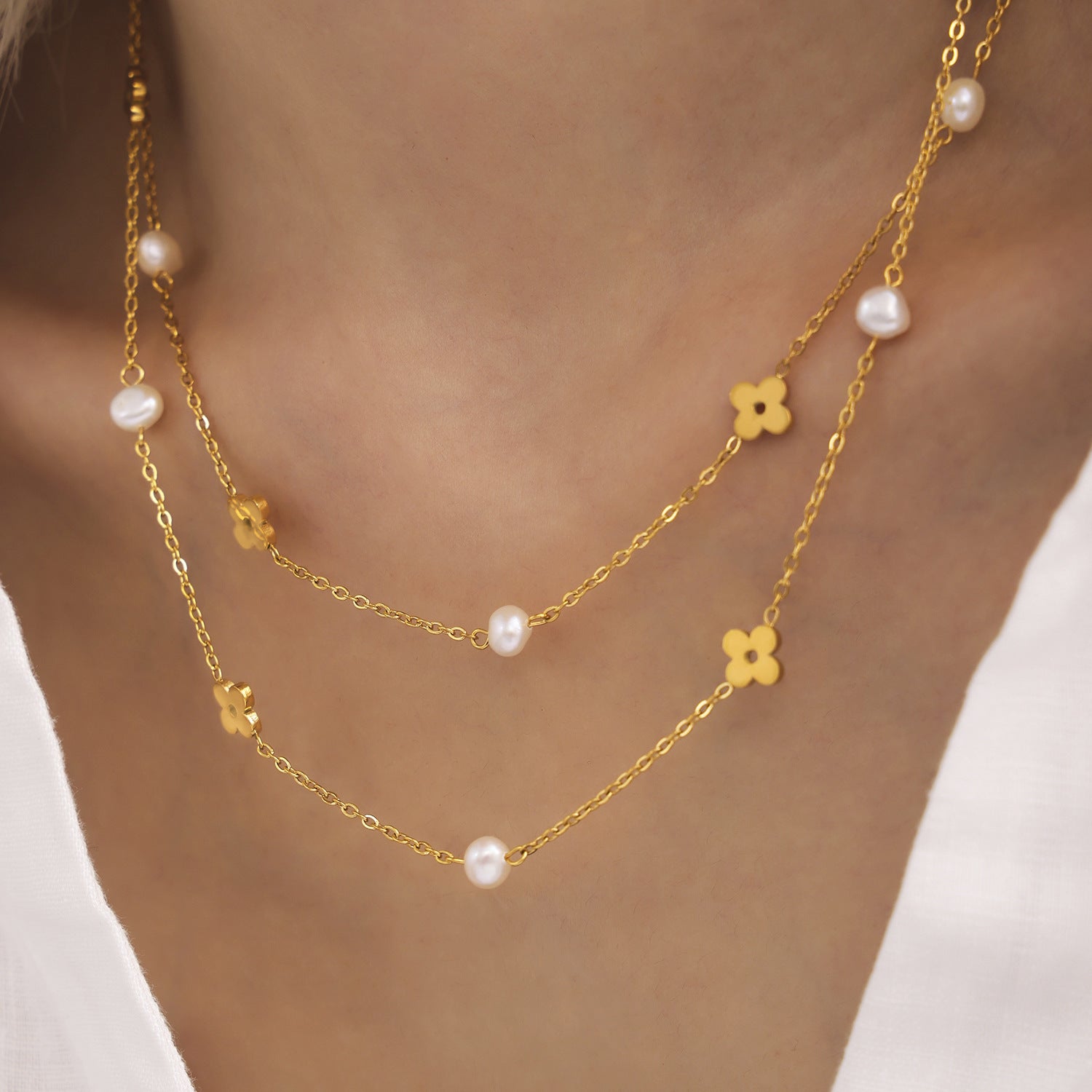 Wholesale 18K real gold freshwater pearl flower chain necklace i bracelet stainless steel set